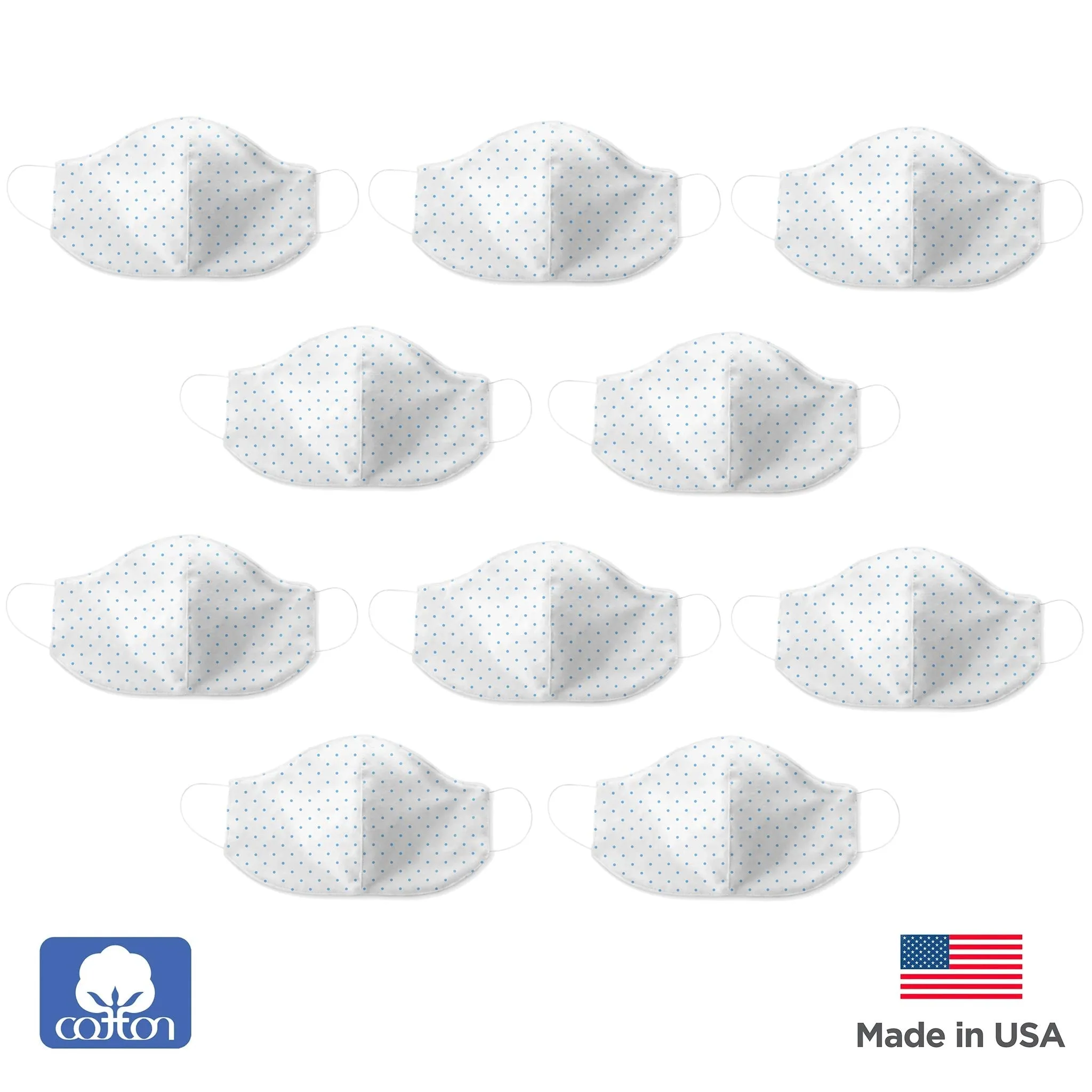 2-Layer Woven Soft Brushed Cotton Face Mask, Polka Dots, Blue, Made in USA - 10 Pack