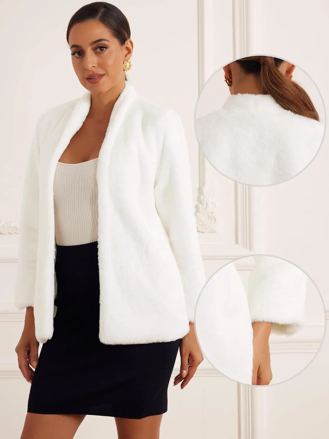 Allegra K Faux Fur Coat for Women's with Pockets Long Sleeve Open Front Fluffy Jackets