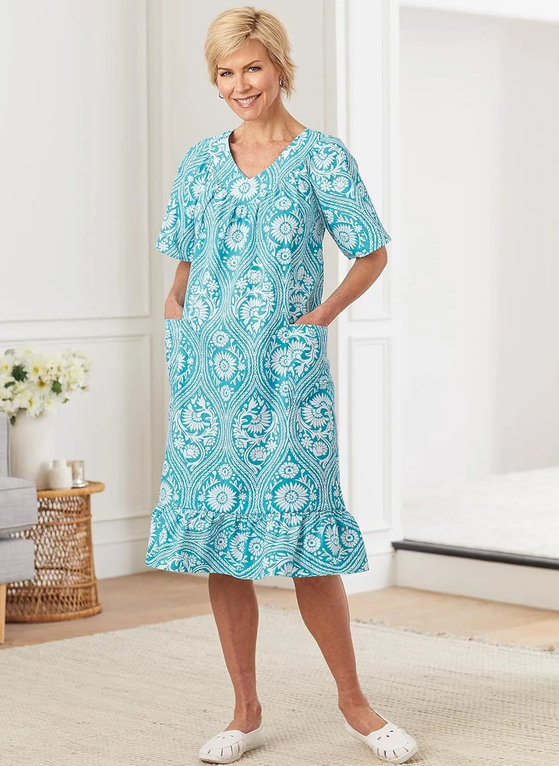 AmeriMark Casual Womens Muumuu House Dress Comfortable Flowy Short Sleeve Patio Sun Dress Lounger Gown Sleepwear for Ladies