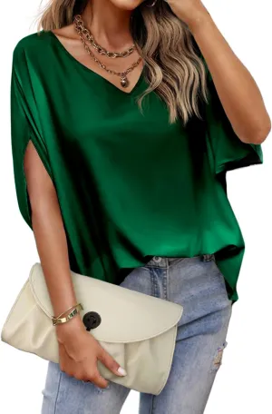 Beyove Womens Satin Silk Dressy Blouses V Neck Formal Tops Batwing Half Sleeve Summer Shirt