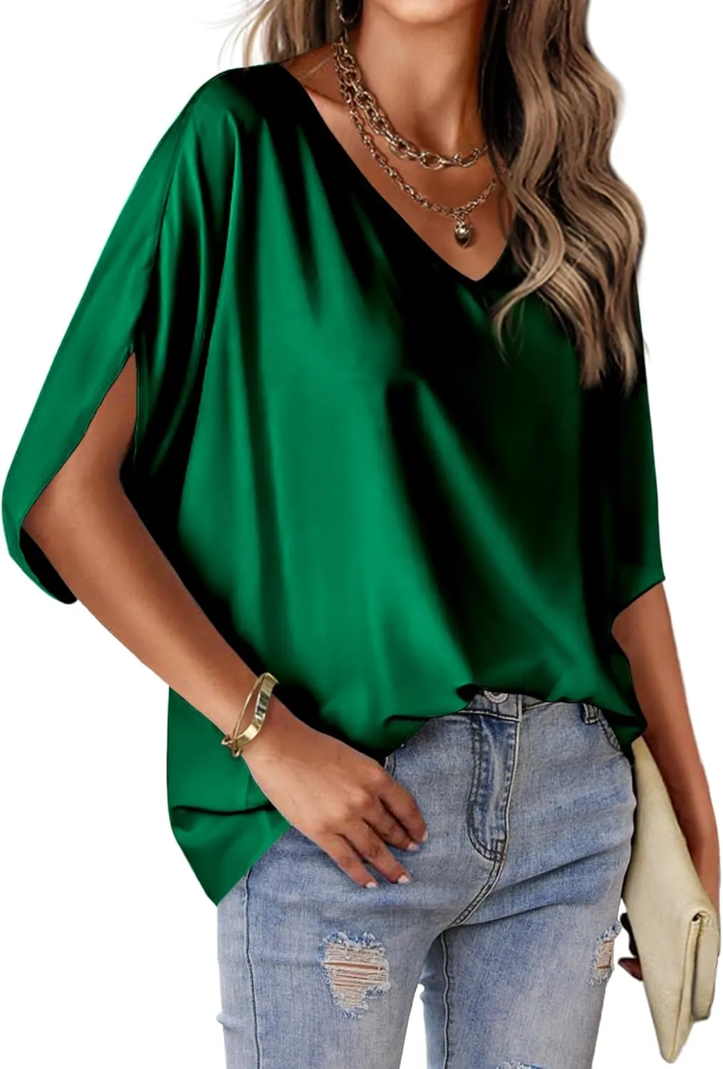 Beyove Womens Satin Silk Dressy Blouses V Neck Formal Tops Batwing Half Sleeve Summer Shirt