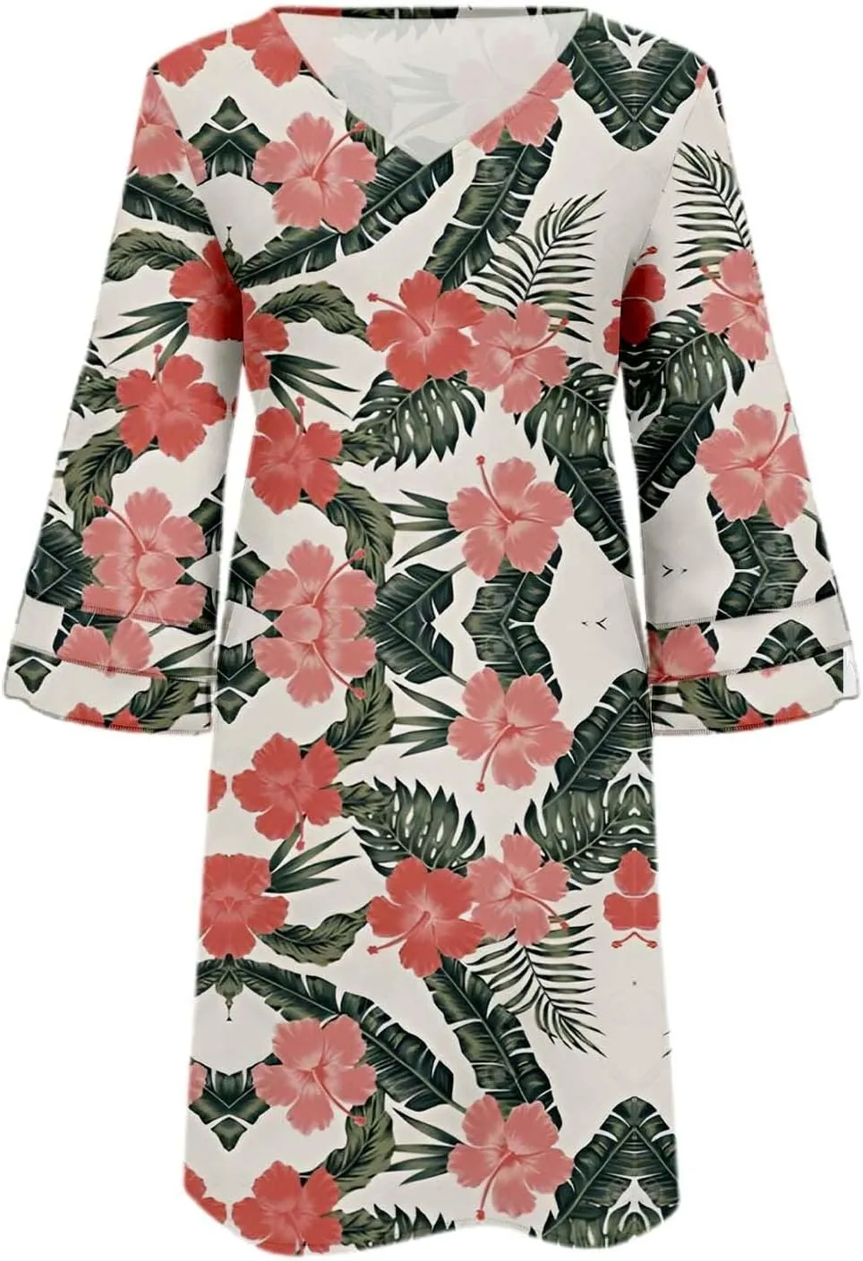 Boho Floral Mini Dress for Women | V Neck 3/4 Bell Sleeve Summer Dress, Flowy Loose Beach Dresses with Casual Chic Style