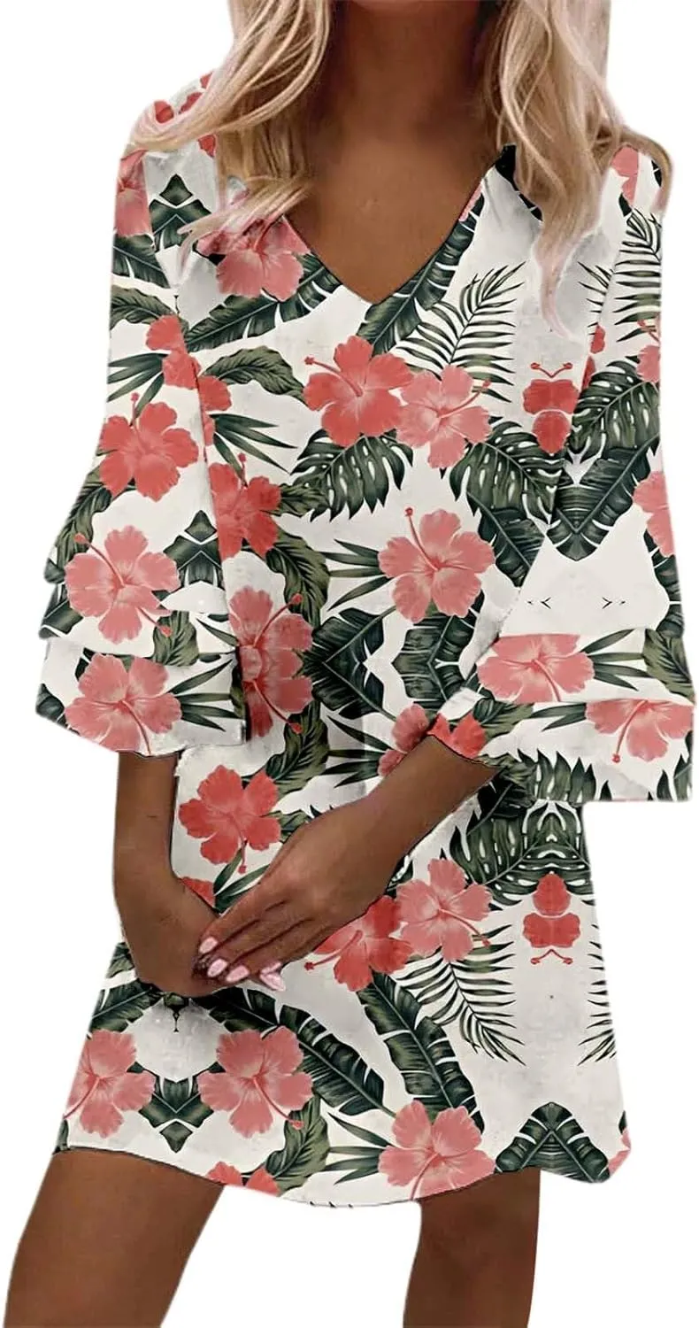 Boho Floral Mini Dress for Women | V Neck 3/4 Bell Sleeve Summer Dress, Flowy Loose Beach Dresses with Casual Chic Style