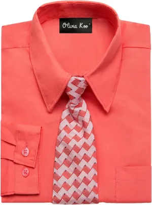 Boys Solid Color Dress Shirt with Matching Tie Set in 14 Colors (Size 2T to 20)