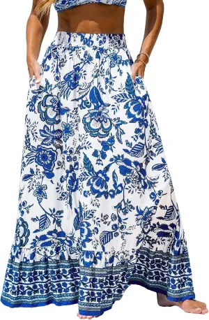 CUPSHE Women Boho High Waisted Maxi Skrit Floral Printed Elastic Waist A Line Flowy Long Skirts