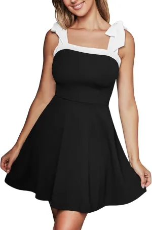 CUPSHE Women's Knit Mini Party Dress Self Tie Bow Shoulder Straps Square Neck A Line Casual Fall Spring Summer Dresses