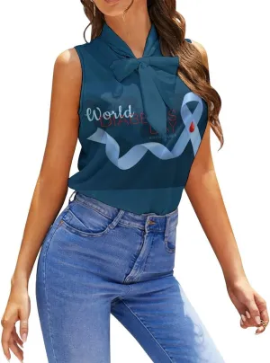 Diabetes Awareness Month Blue Ribbon Women's Shirt Bow Tie Knot Mock Neck Sleeveless Tank Top