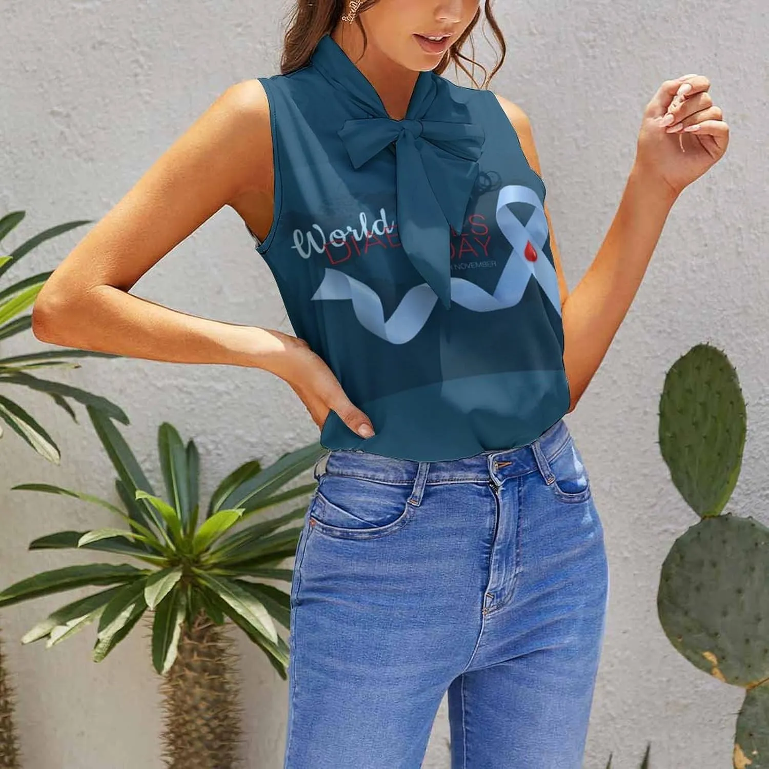 Diabetes Awareness Month Blue Ribbon Women's Shirt Bow Tie Knot Mock Neck Sleeveless Tank Top