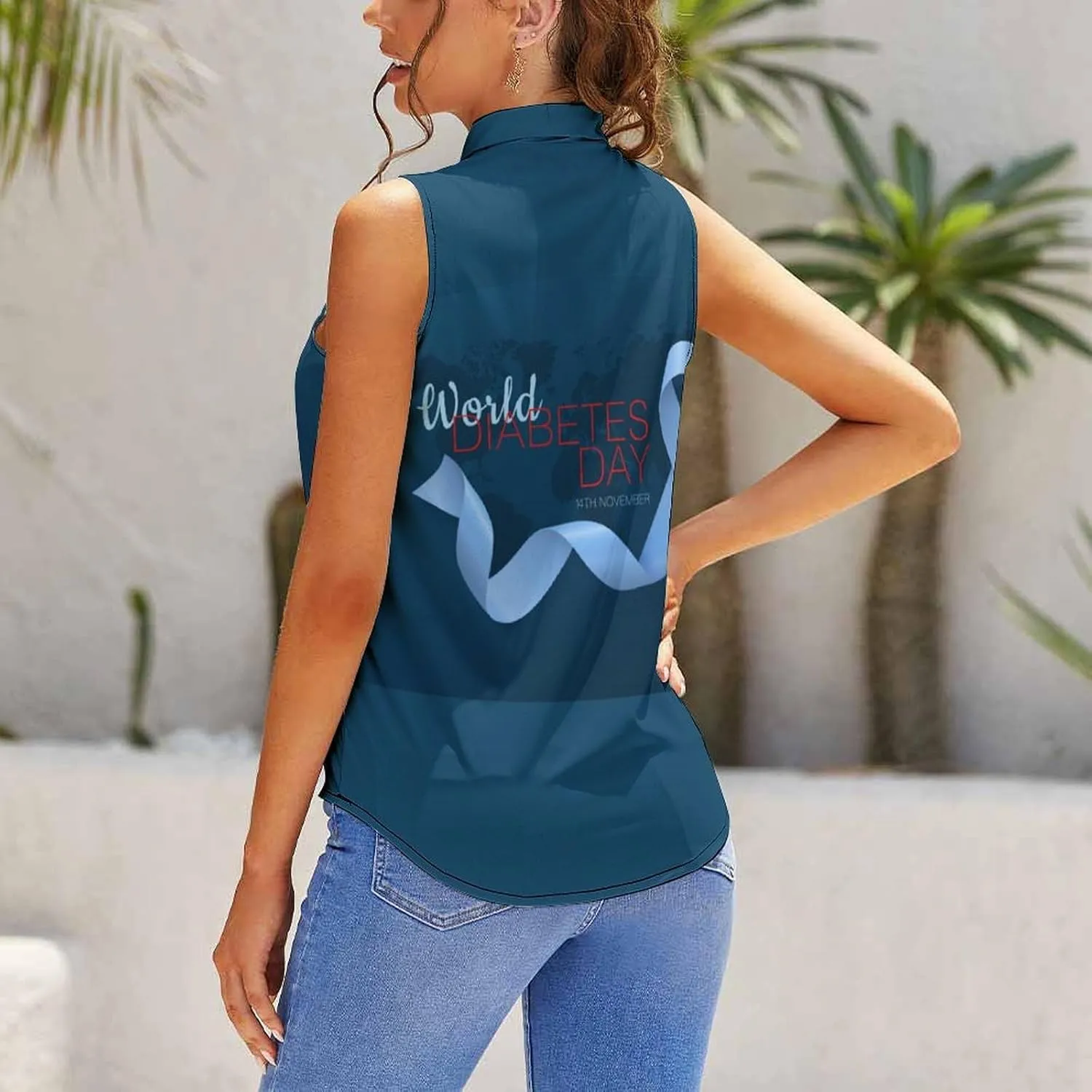 Diabetes Awareness Month Blue Ribbon Women's Shirt Bow Tie Knot Mock Neck Sleeveless Tank Top