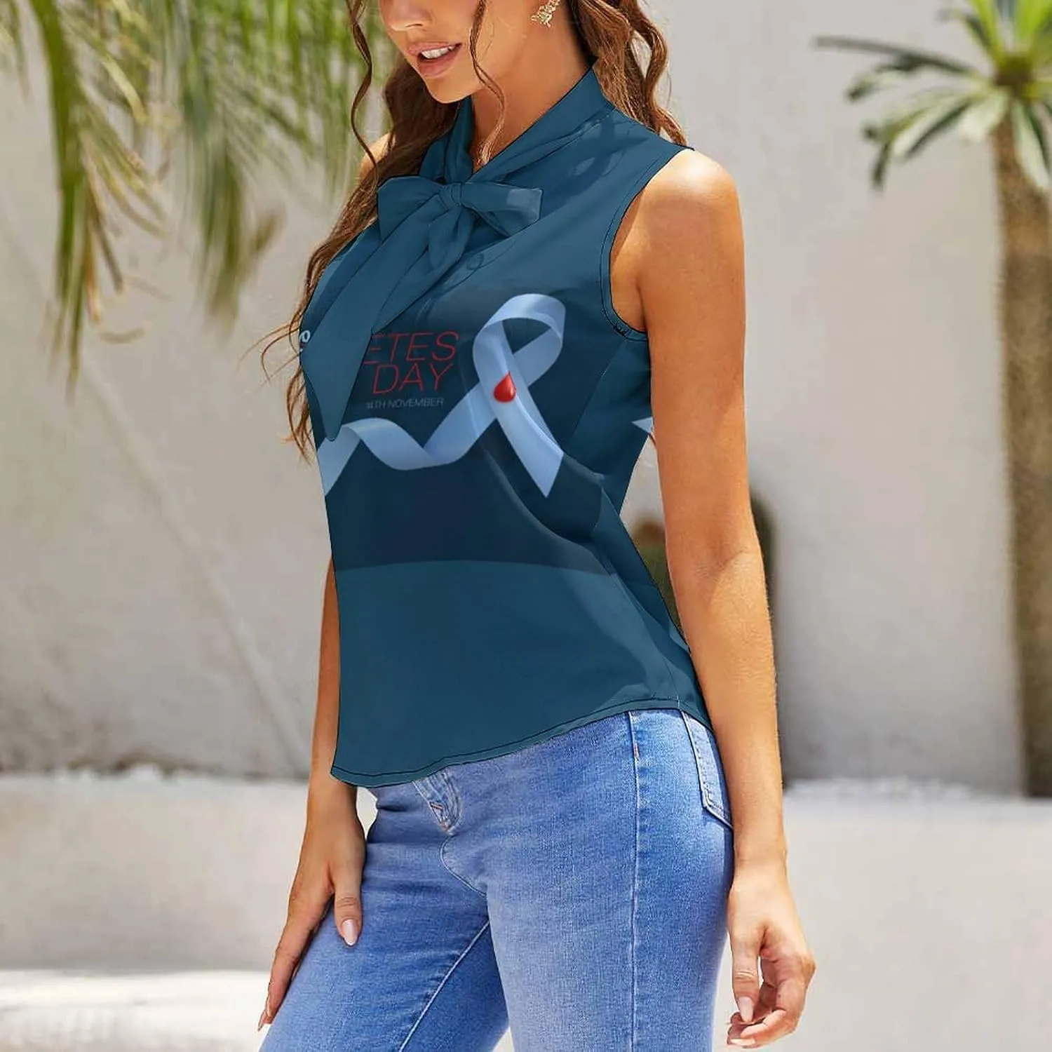 Diabetes Awareness Month Blue Ribbon Women's Shirt Bow Tie Knot Mock Neck Sleeveless Tank Top