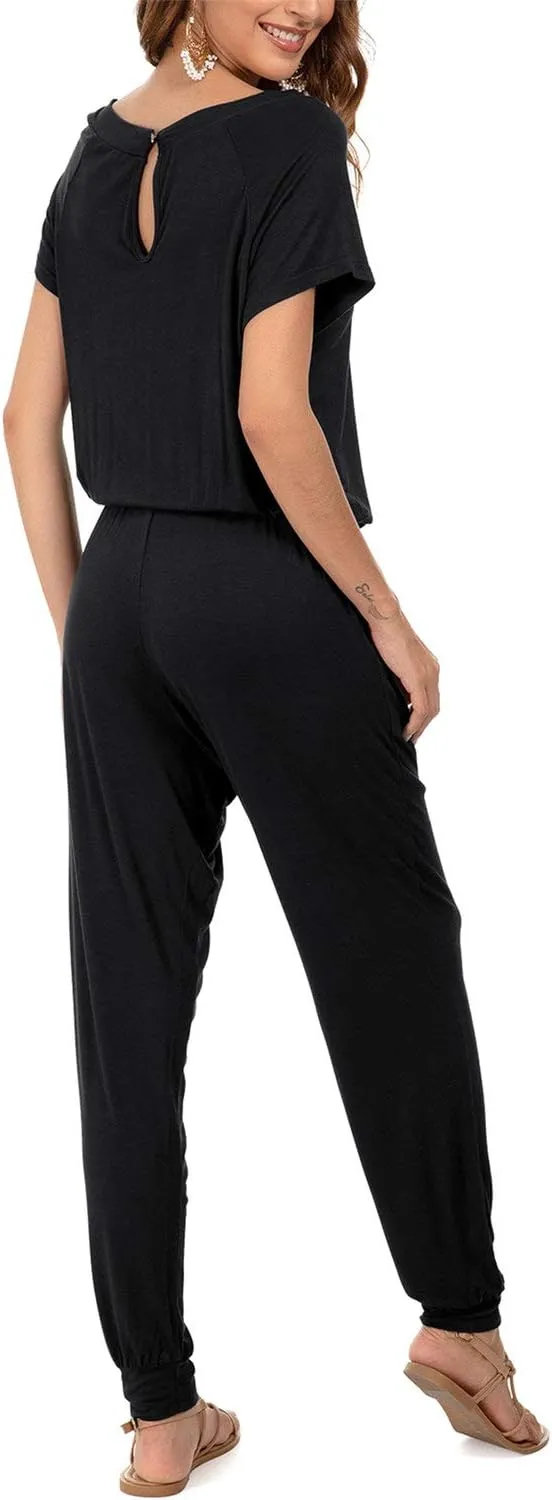 DouBCQ Womens Casual Short Sleeve Jumpsuits Elastic Waist Jumpsuit with Pockets