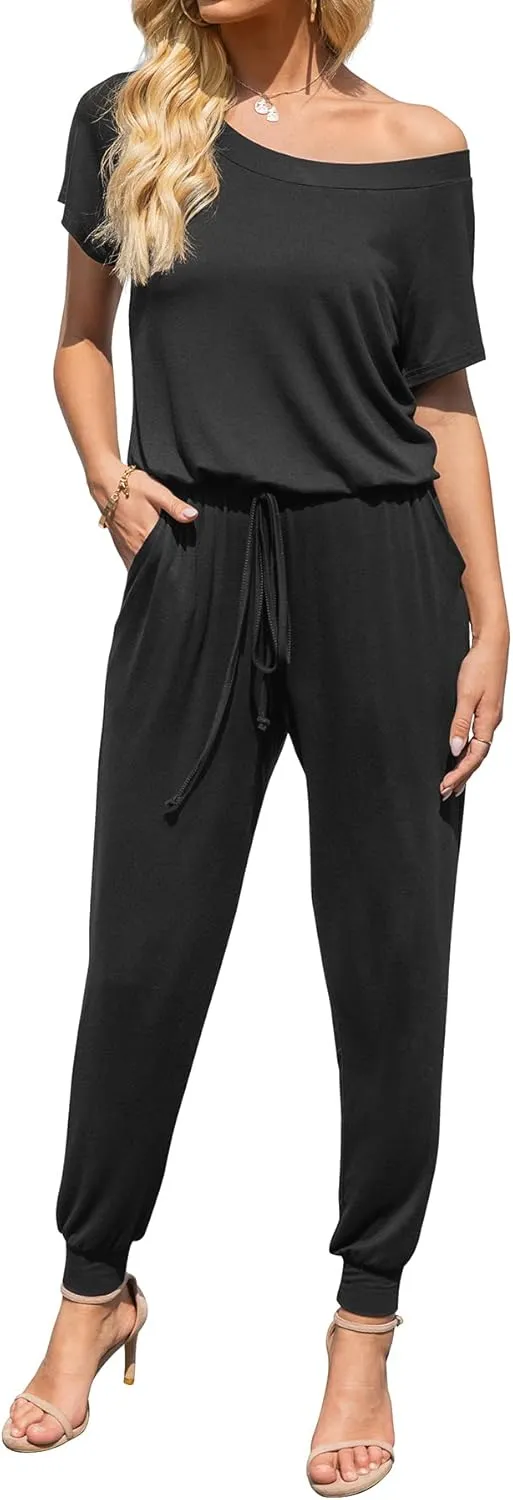 DouBCQ Womens Casual Short Sleeve Jumpsuits Elastic Waist Jumpsuit with Pockets