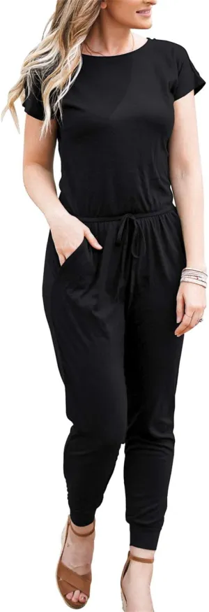 DouBCQ Womens Casual Short Sleeve Jumpsuits Elastic Waist Jumpsuit with Pockets