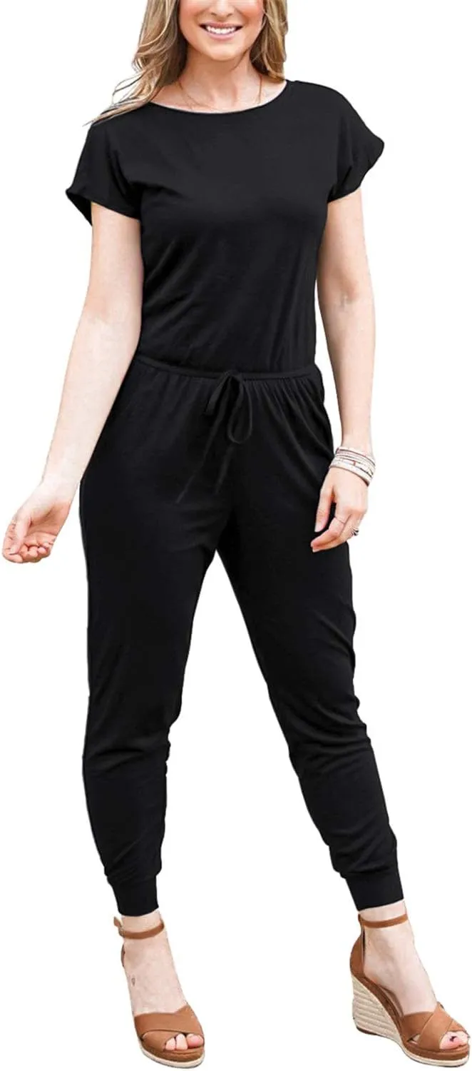 DouBCQ Womens Casual Short Sleeve Jumpsuits Elastic Waist Jumpsuit with Pockets