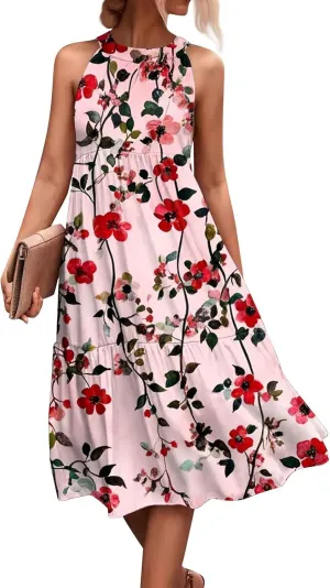 Dresses for Women 2025 Splicing Floral Print Midi Dresses Sleeveless Hanging Neck Sundresses Swing Tank Dresses