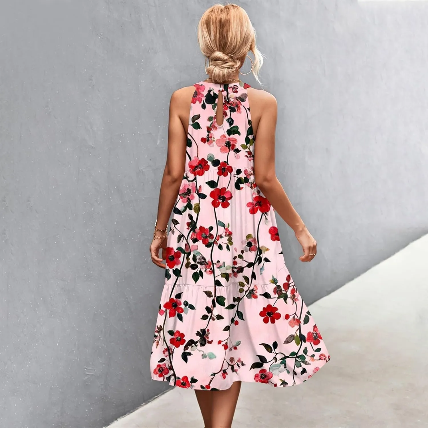 Dresses for Women 2025 Splicing Floral Print Midi Dresses Sleeveless Hanging Neck Sundresses Swing Tank Dresses