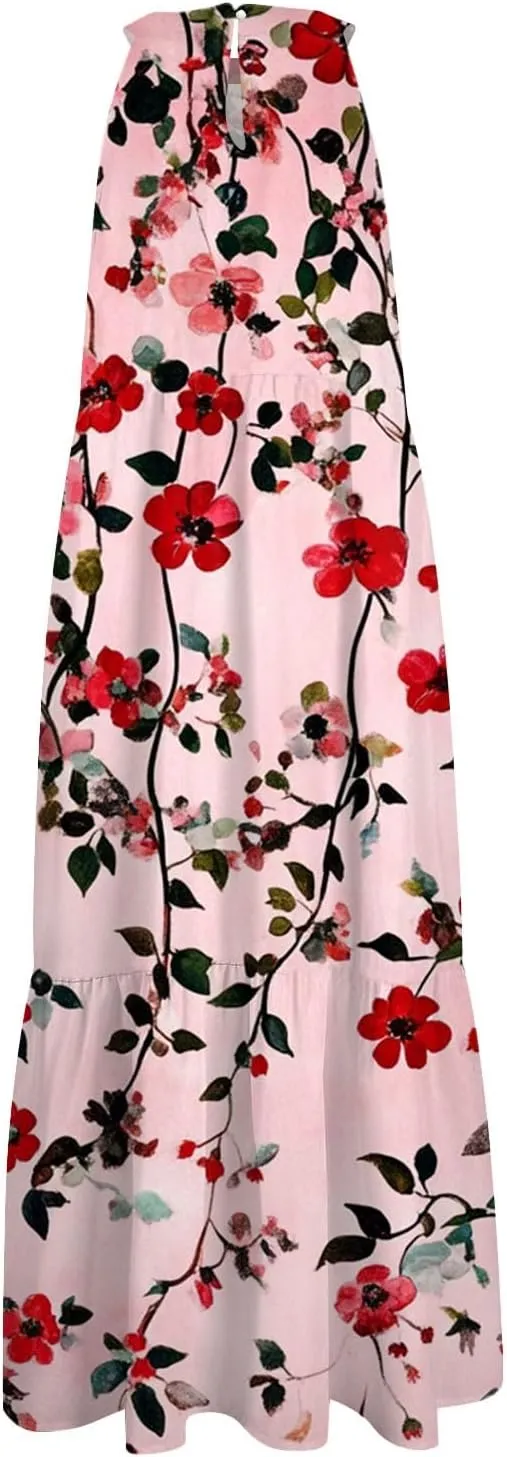 Dresses for Women 2025 Splicing Floral Print Midi Dresses Sleeveless Hanging Neck Sundresses Swing Tank Dresses