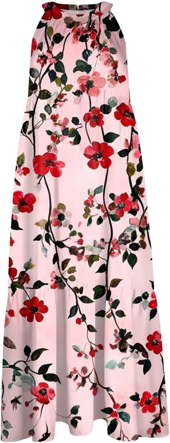 Dresses for Women 2025 Splicing Floral Print Midi Dresses Sleeveless Hanging Neck Sundresses Swing Tank Dresses