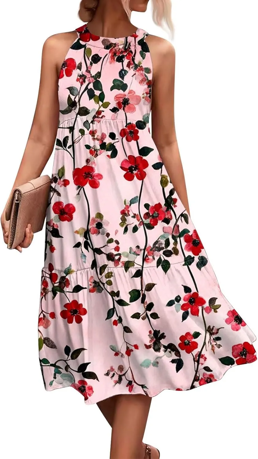 Dresses for Women 2025 Splicing Floral Print Midi Dresses Sleeveless Hanging Neck Sundresses Swing Tank Dresses