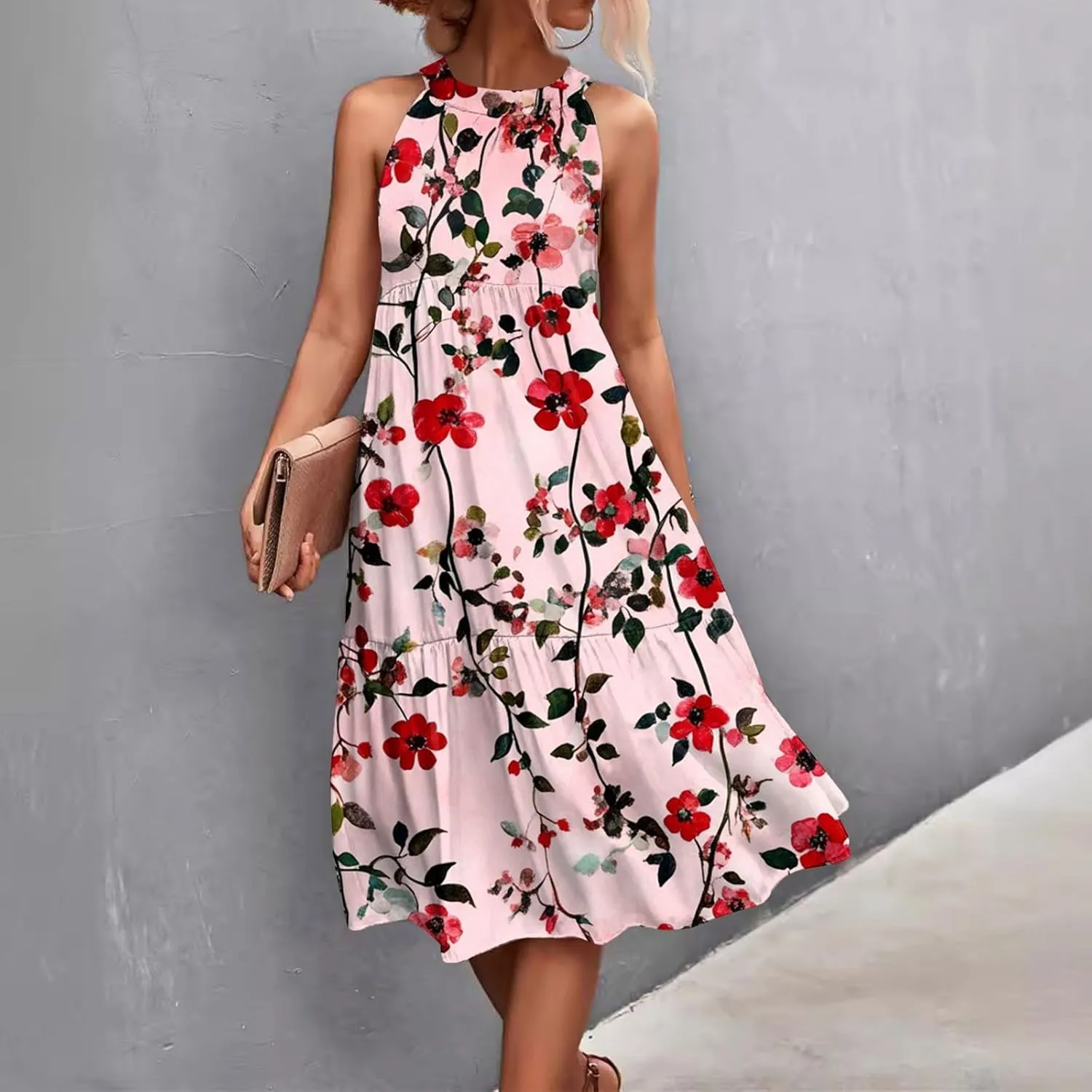 Dresses for Women 2025 Splicing Floral Print Midi Dresses Sleeveless Hanging Neck Sundresses Swing Tank Dresses