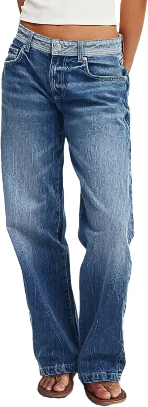 Flamingals Low Waist Straight Leg Jeans for Women Vintage Wash Stretch Denim Pants Navy Blue S