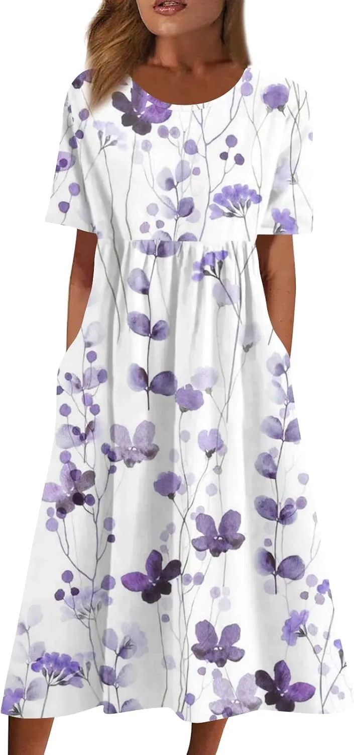 FlekmanArt Dresses for Women 2024 Printed Round Neck Long Dress Pocket Short Sleeve Beach Dress Pleated Elegant Maxi Dress