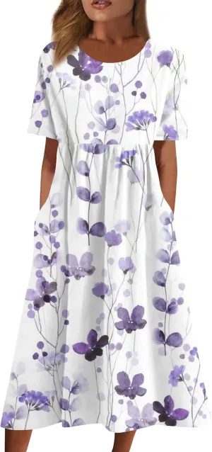 FlekmanArt Dresses for Women 2024 Printed Round Neck Long Dress Pocket Short Sleeve Beach Dress Pleated Elegant Maxi Dress