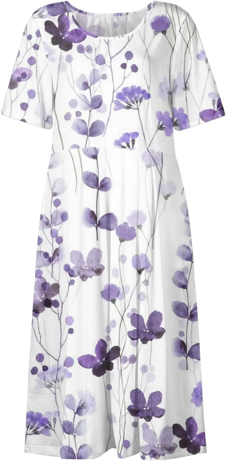 FlekmanArt Dresses for Women 2024 Printed Round Neck Long Dress Pocket Short Sleeve Beach Dress Pleated Elegant Maxi Dress