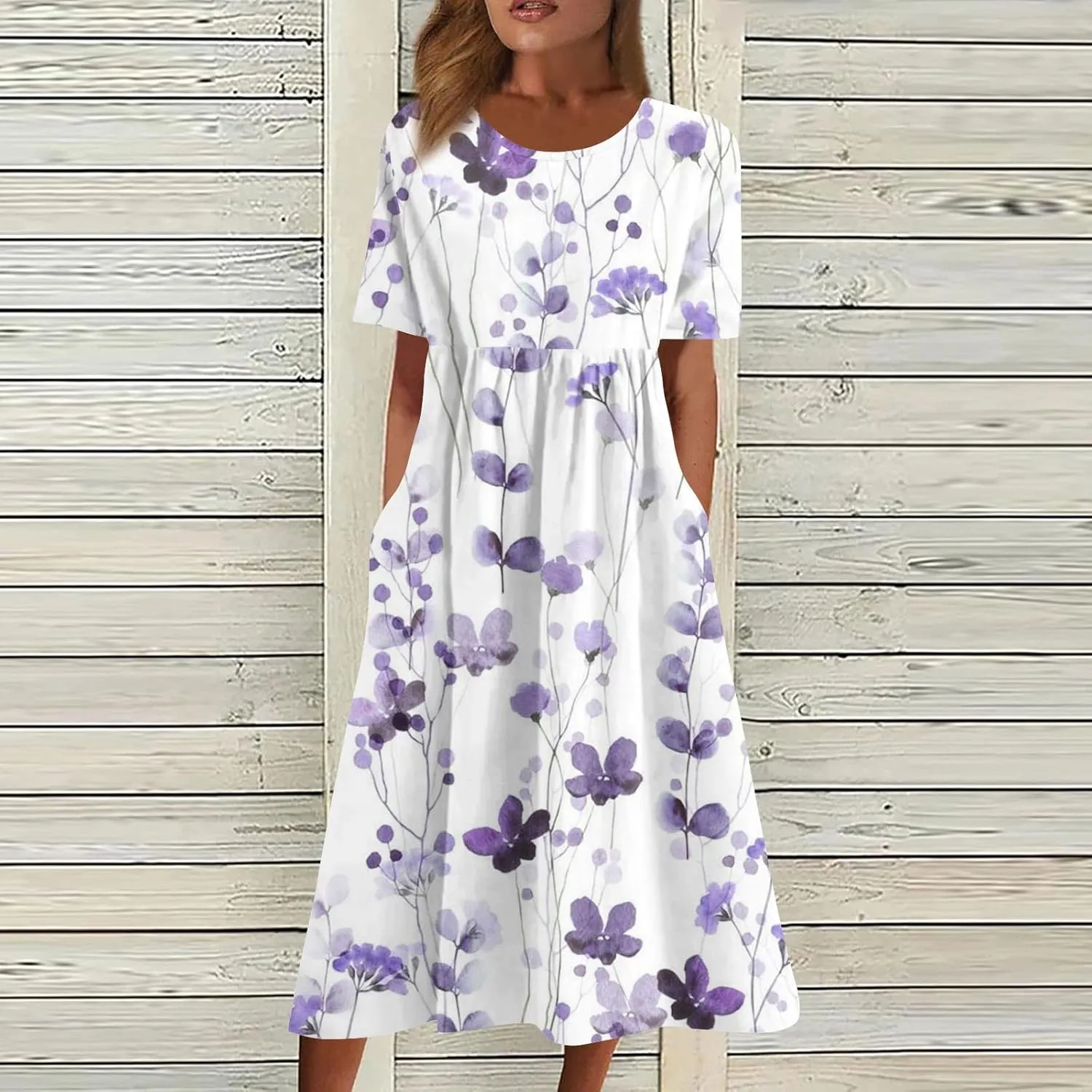 FlekmanArt Dresses for Women 2024 Printed Round Neck Long Dress Pocket Short Sleeve Beach Dress Pleated Elegant Maxi Dress