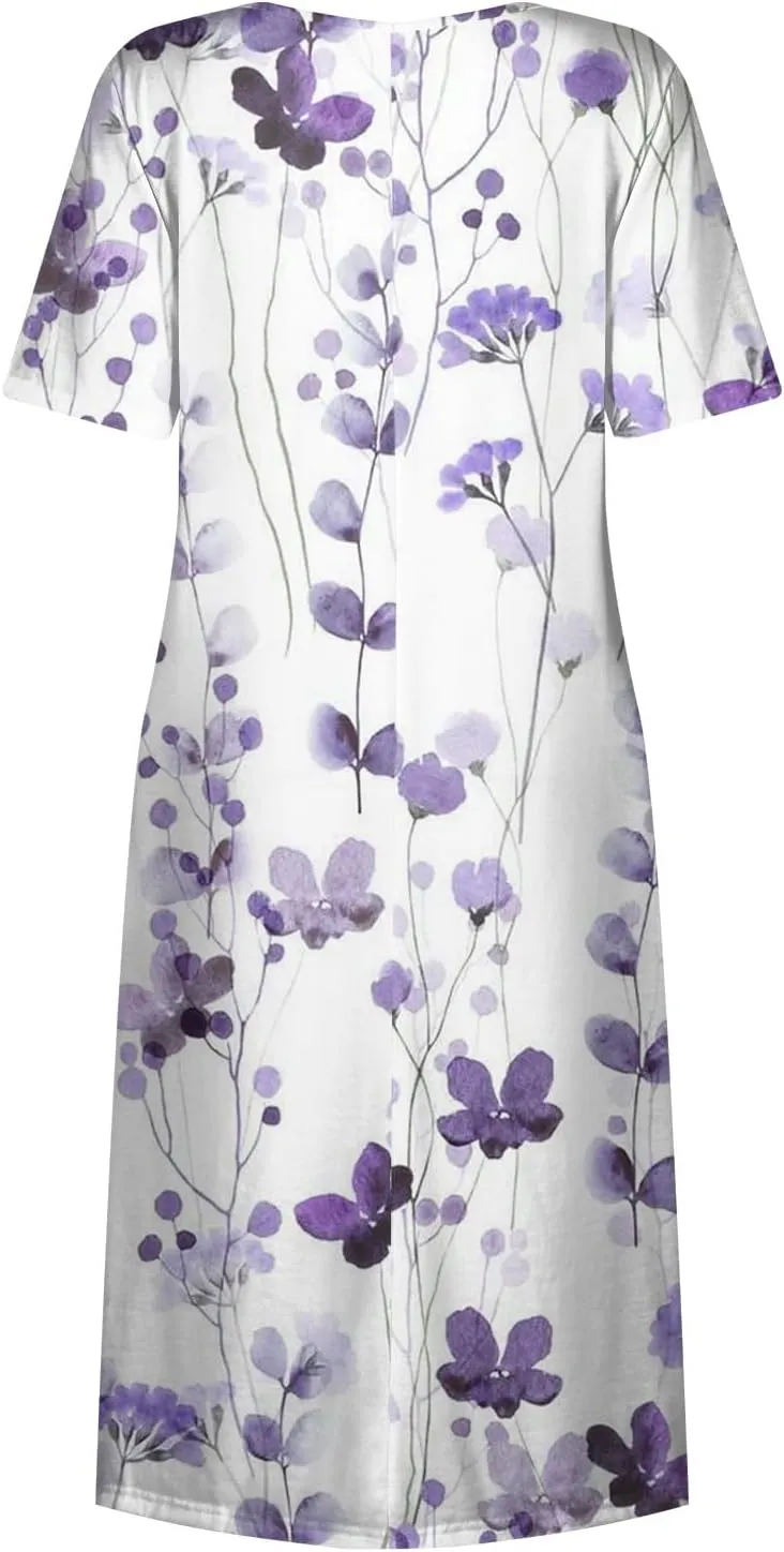 FlekmanArt Dresses for Women 2024 Printed Round Neck Long Dress Pocket Short Sleeve Beach Dress Pleated Elegant Maxi Dress