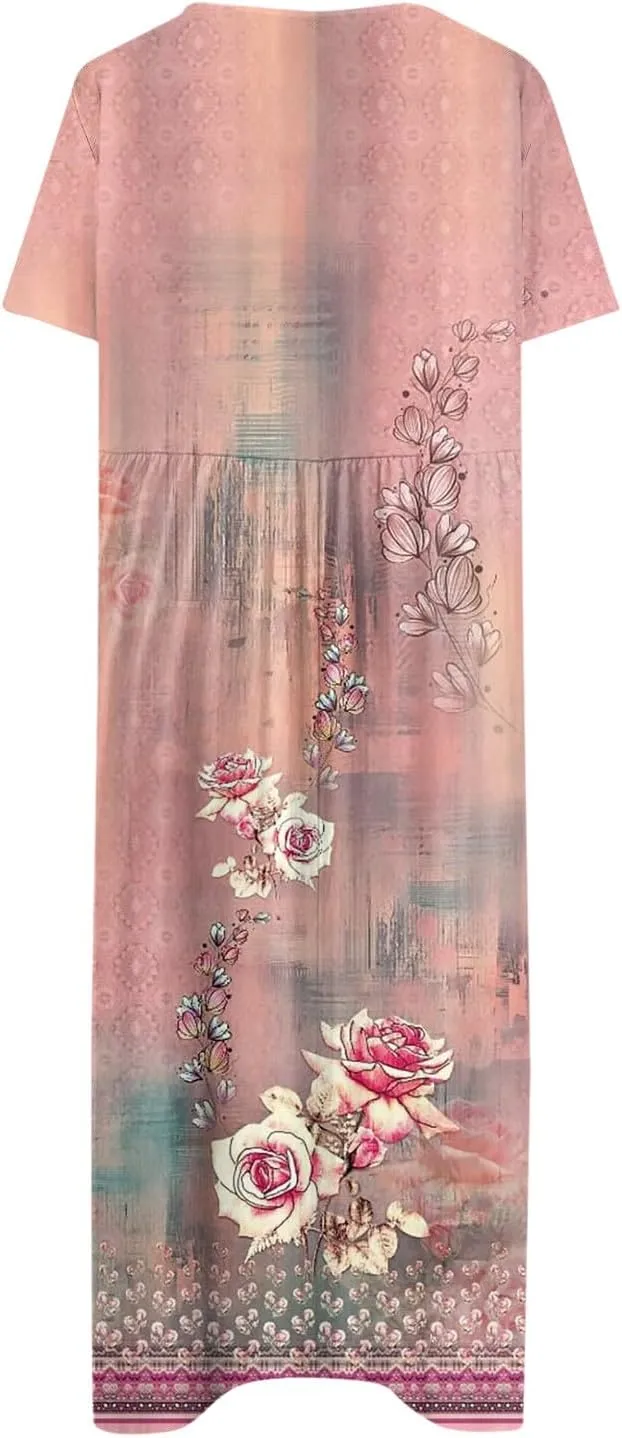 FlekmanArt Women's 2025 Summer Maxi Dress, Pocket Printed, Pleated Round Neck, Short Sleeve, Casual, Long Dress