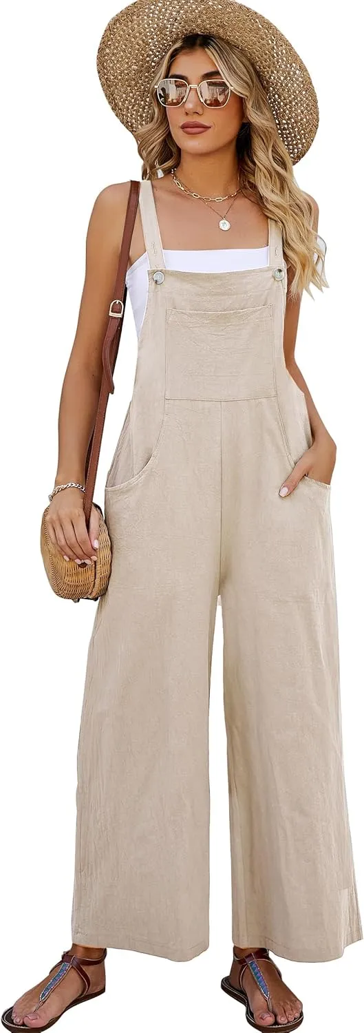 Flygo Womens Cotton Bib Overalls Loose Fit Wide Leg Jumpsuits Casual Rompers with Pockets