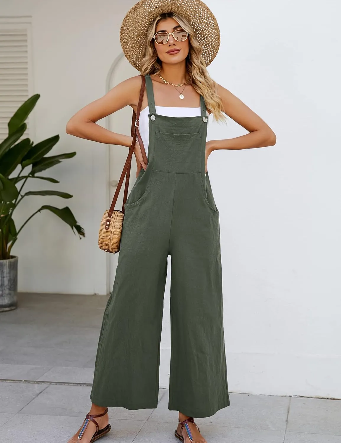 Flygo Womens Cotton Bib Overalls Loose Fit Wide Leg Jumpsuits Casual Rompers with Pockets