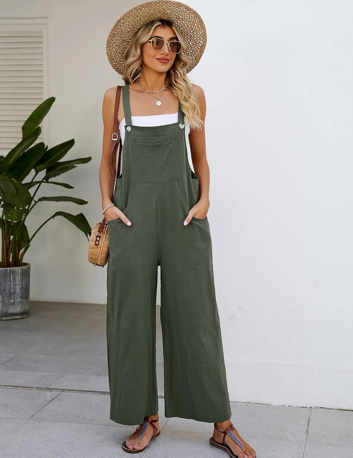 Flygo Womens Cotton Bib Overalls Loose Fit Wide Leg Jumpsuits Casual Rompers with Pockets