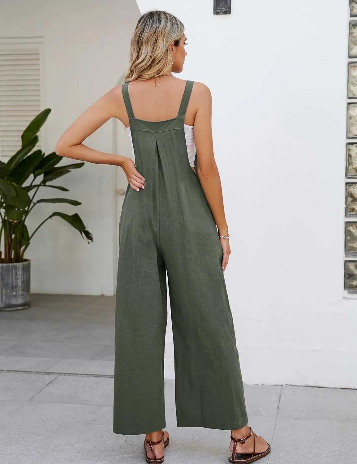 Flygo Womens Cotton Bib Overalls Loose Fit Wide Leg Jumpsuits Casual Rompers with Pockets