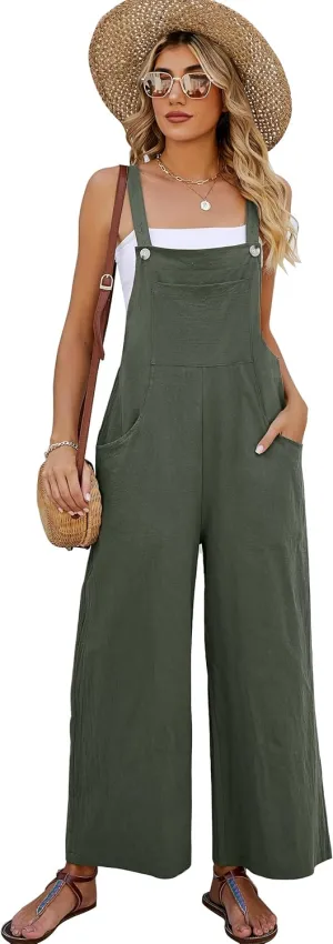 Flygo Womens Cotton Bib Overalls Loose Fit Wide Leg Jumpsuits Casual Rompers with Pockets