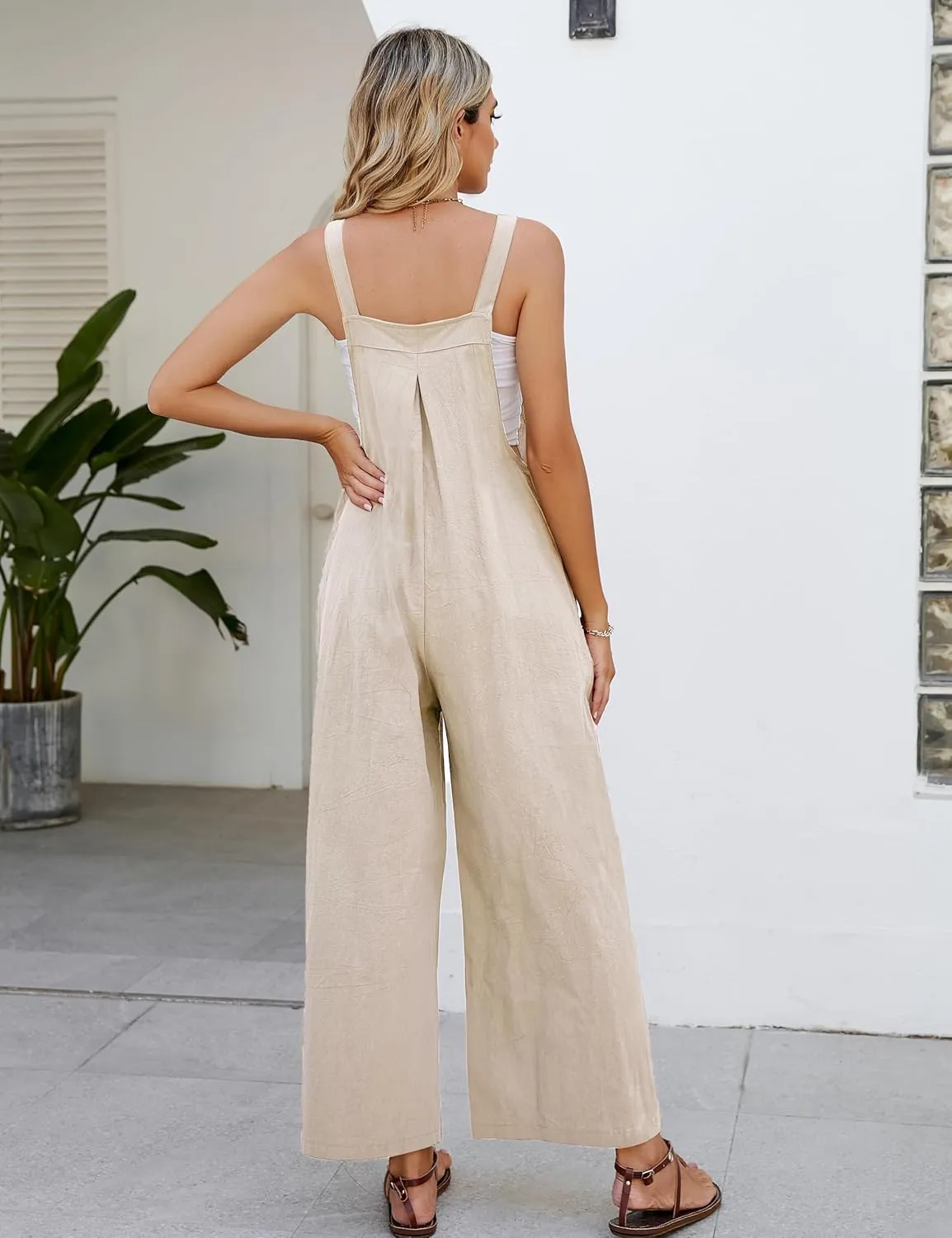 Flygo Womens Cotton Bib Overalls Loose Fit Wide Leg Jumpsuits Casual Rompers with Pockets