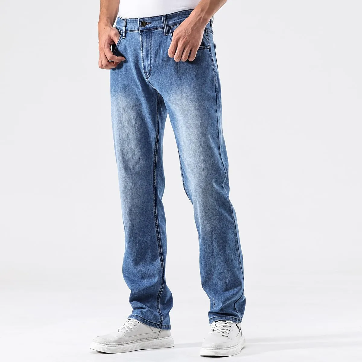 GAIAKOU Men's Baggy Slim Fit Stretch Work Jeans - Straight Loose Blue Elastic