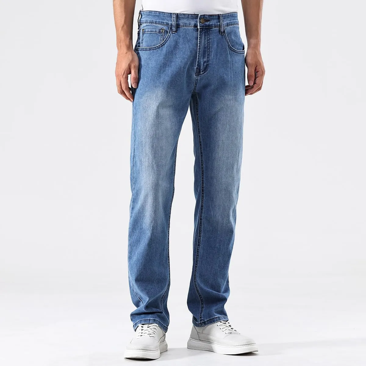 GAIAKOU Men's Baggy Slim Fit Stretch Work Jeans - Straight Loose Blue Elastic