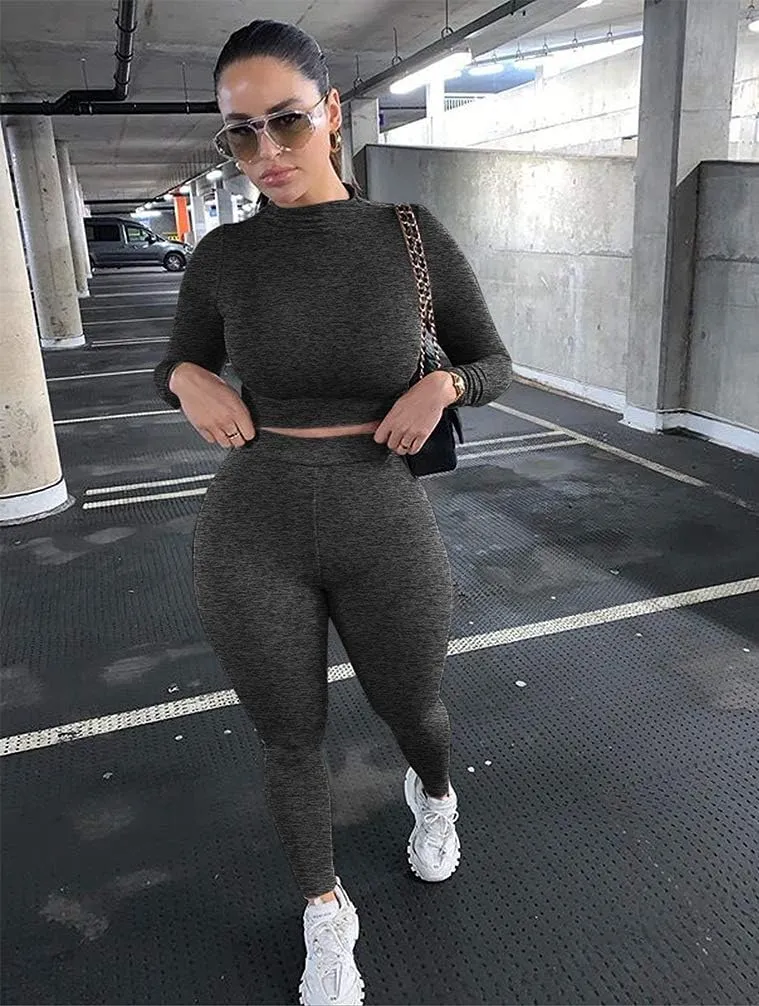 GOKATOSAU Women's Sexy 2 Piece Outfits Long Sleeve Crop Top Pants Set Club Jumpsuits