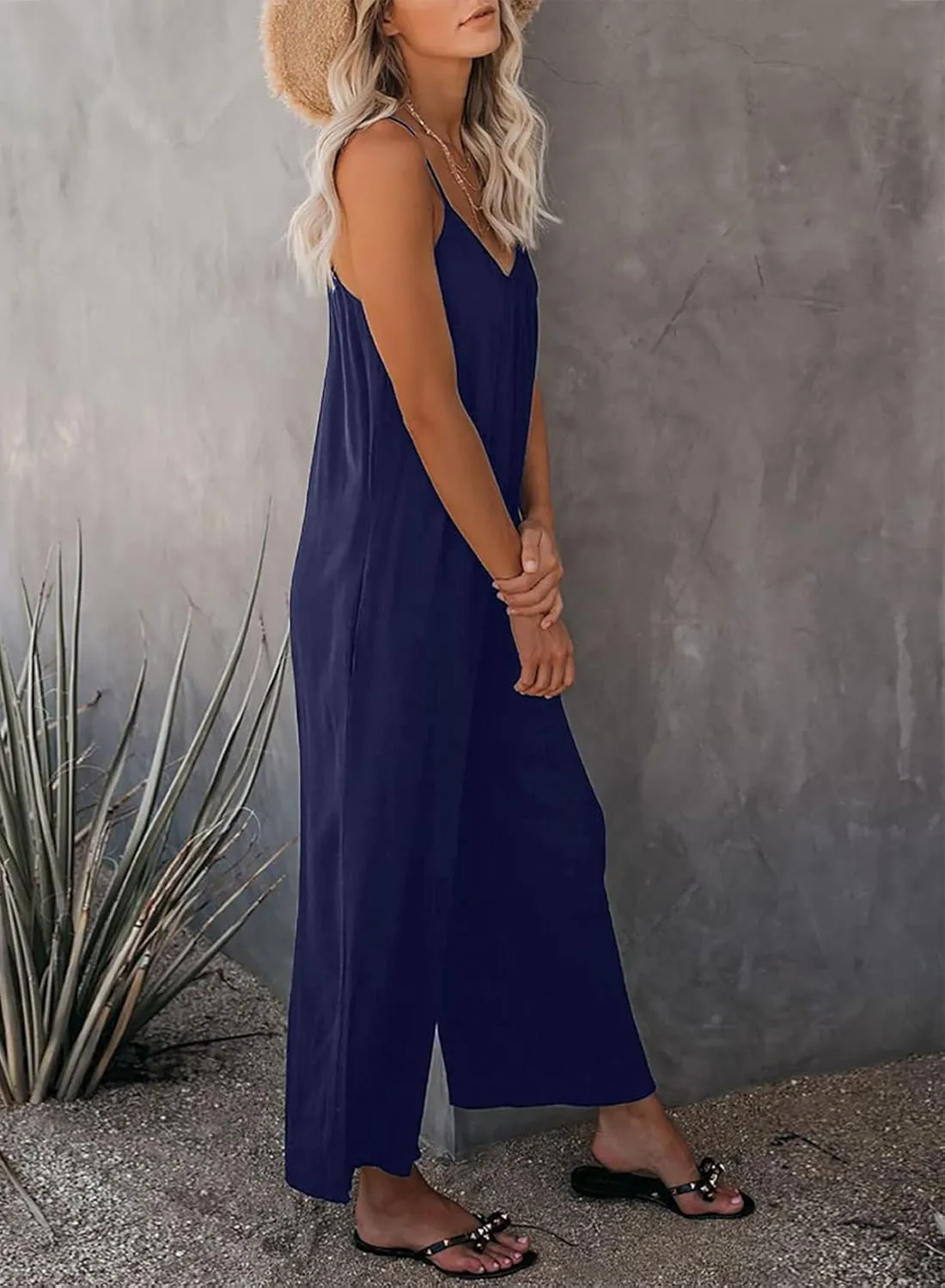 Happy Sailed Womens Casual Jumpsuits Loose Overalls Summer Sleeveless Stretchy Wide Leg Long Pants Romper with Pockets