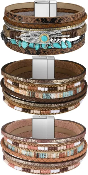 Inbagi 3 Pcs Leather Wrap Bracelets for Women Boho Turquoise Cuff Bracelet Feather Multilayer Crystal Bangle Western Jewelry
