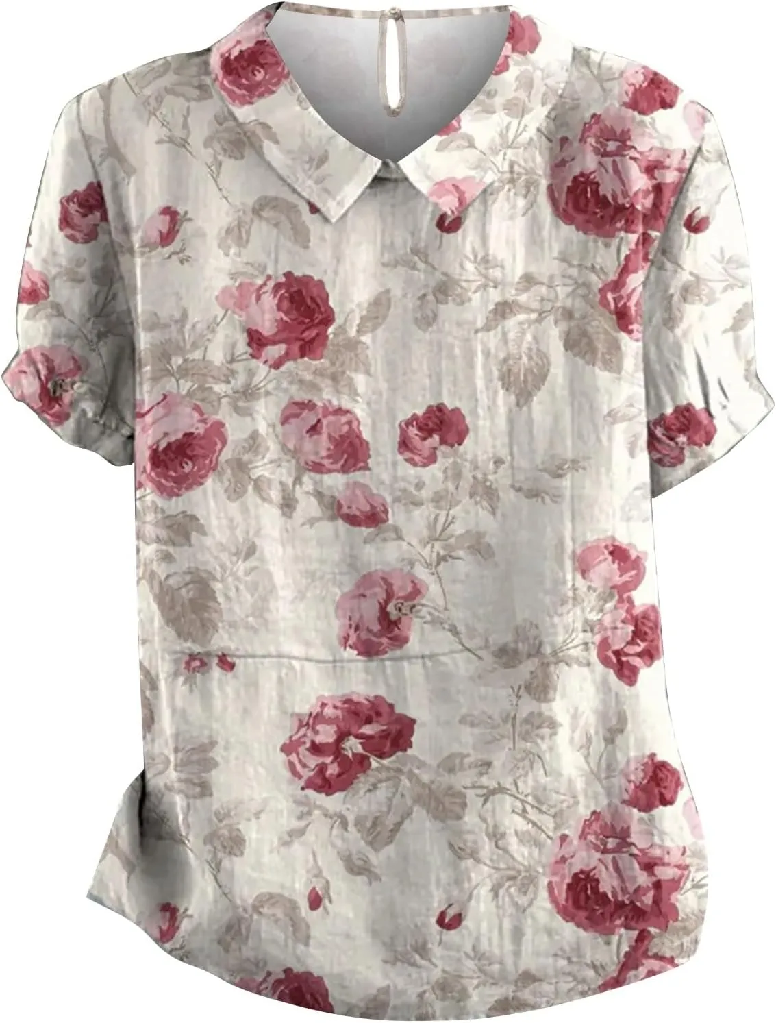 Linen Tunic Tops for Women Solid Color Tees Women Short Sleeve Button Down Up Shirt Casual Collared V Neck Tops Short