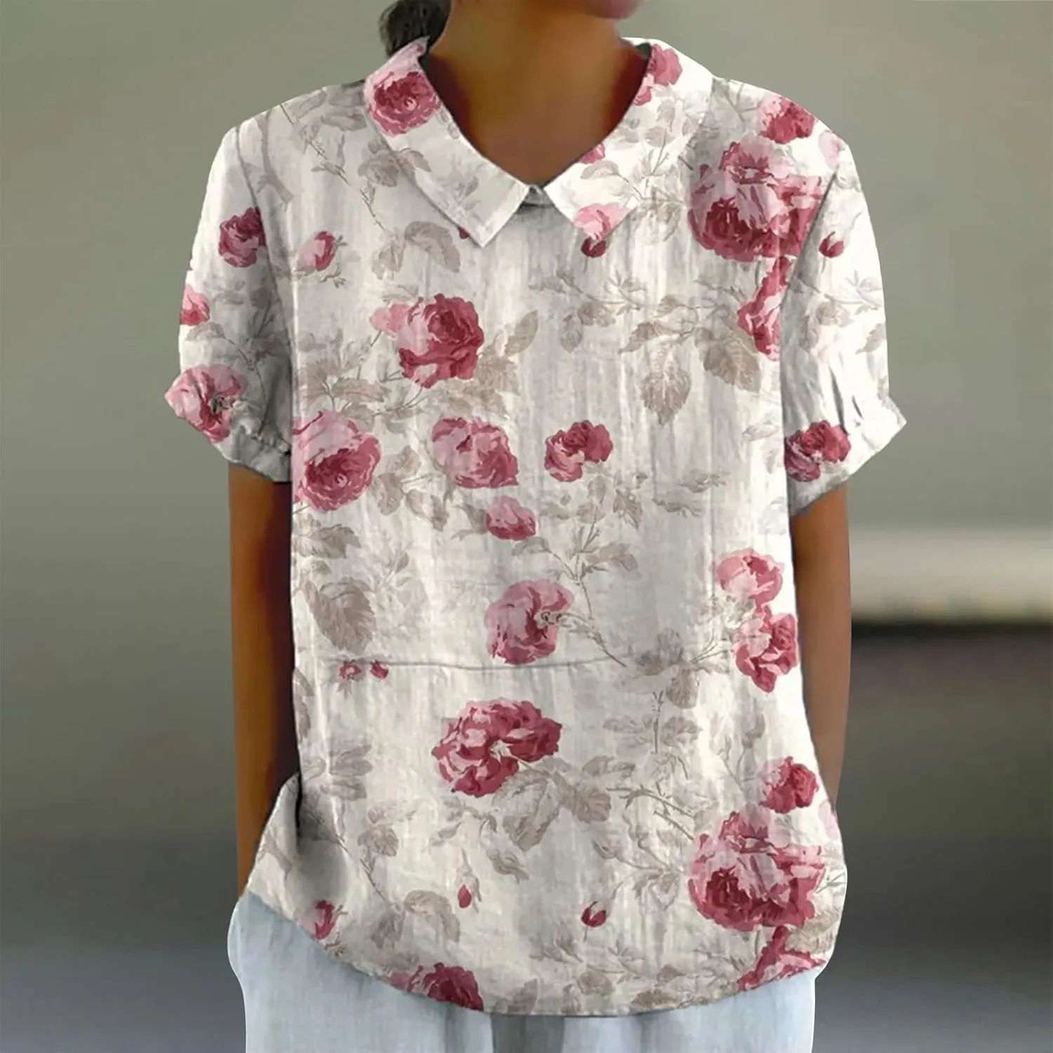 Linen Tunic Tops for Women Solid Color Tees Women Short Sleeve Button Down Up Shirt Casual Collared V Neck Tops Short
