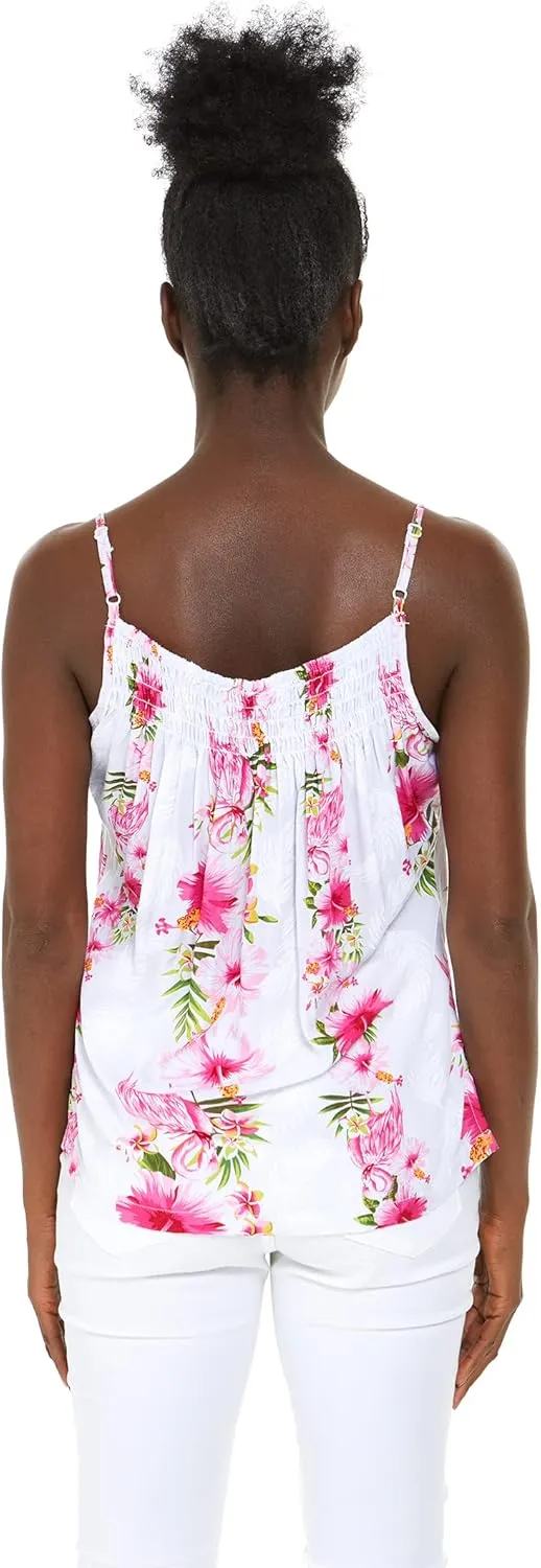 Matchable Couple Hawaiian Luau Shirt or Spaghetti Strap Top in Pink White Hibiscus Vine