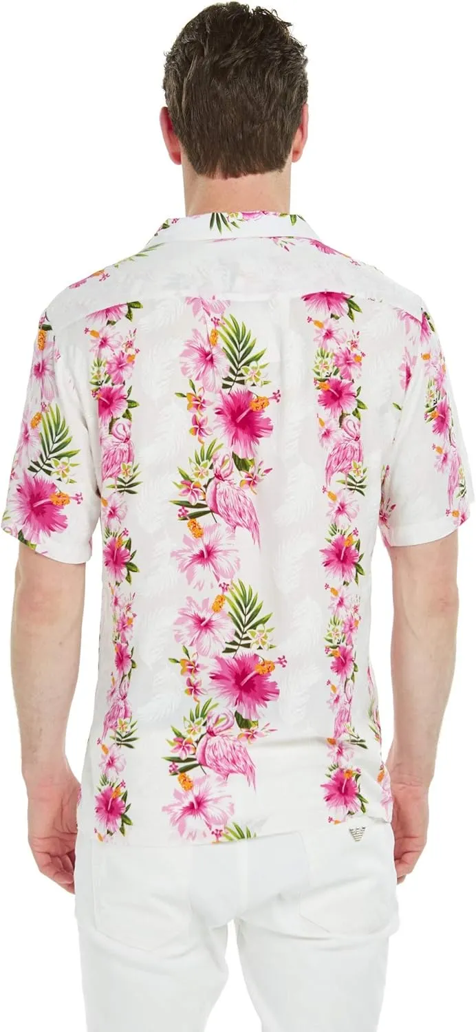 Matchable Couple Hawaiian Luau Shirt or Spaghetti Strap Top in Pink White Hibiscus Vine