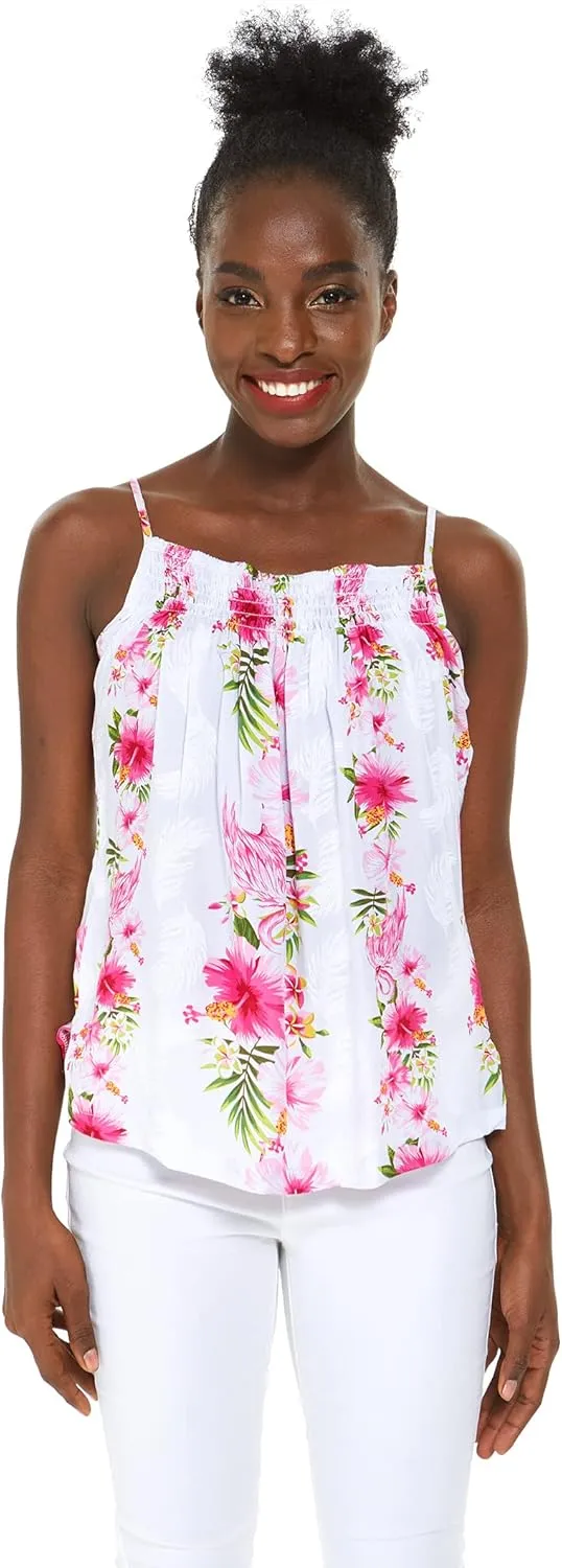 Matchable Couple Hawaiian Luau Shirt or Spaghetti Strap Top in Pink White Hibiscus Vine
