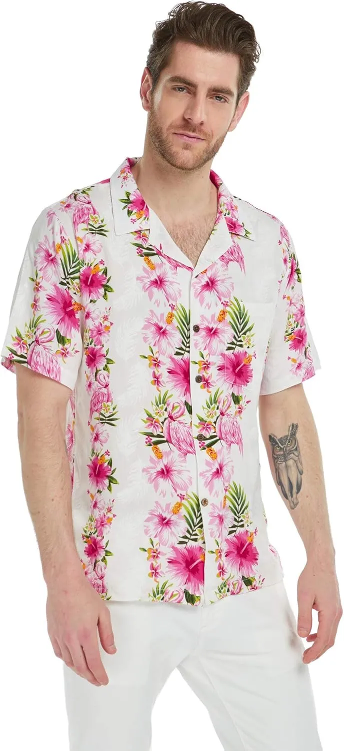 Matchable Couple Hawaiian Luau Shirt or Spaghetti Strap Top in Pink White Hibiscus Vine