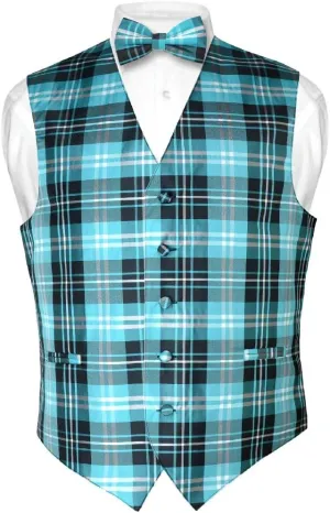 Men's Plaid Design Dress Vest & BOWTie Black Gray White BOW Tie Set