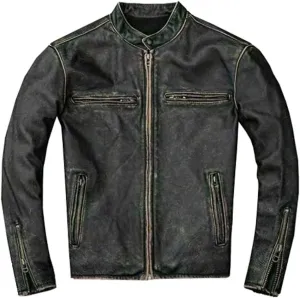 Mens Vintage Cafe Racer Motorcycle Distressed Biker Black Leather Jacket